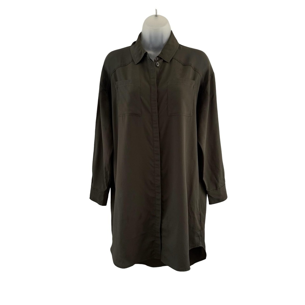 Gestuz Tunic Shirt Womens 34 US 2 Green Sheer Panel Button Utility Army Pockets